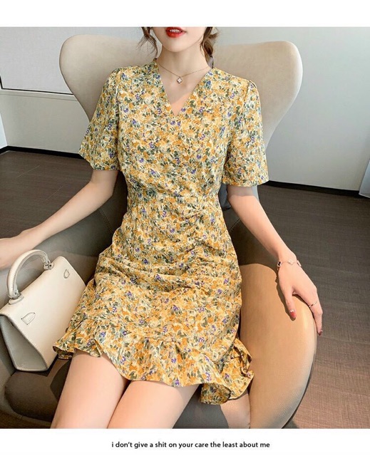 Đầm Vàng Hoa Nhí Nhún Thun Đùi_ Đầm Dự Tiệc Siêu Xinh | BigBuy360 - bigbuy360.vn