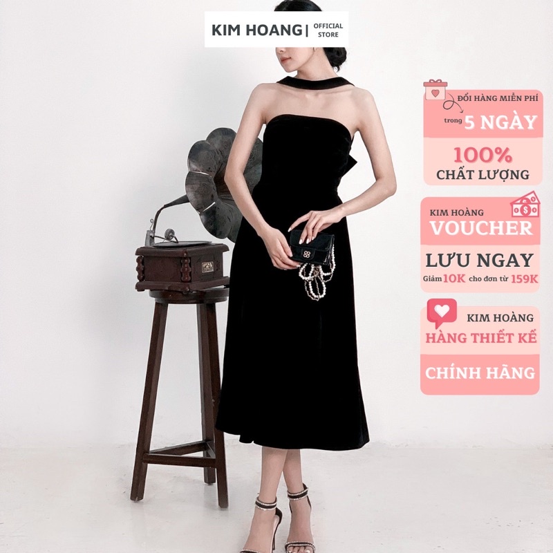 Đầm dự tiệc trễ vai Kim Hoàng. Váy đi tiệc dáng xoè cúp ngực thắt nơ lưng vải nhung đen hàng thiết kế cao cấp (Khả Ngân) | BigBuy360 - bigbuy360.vn