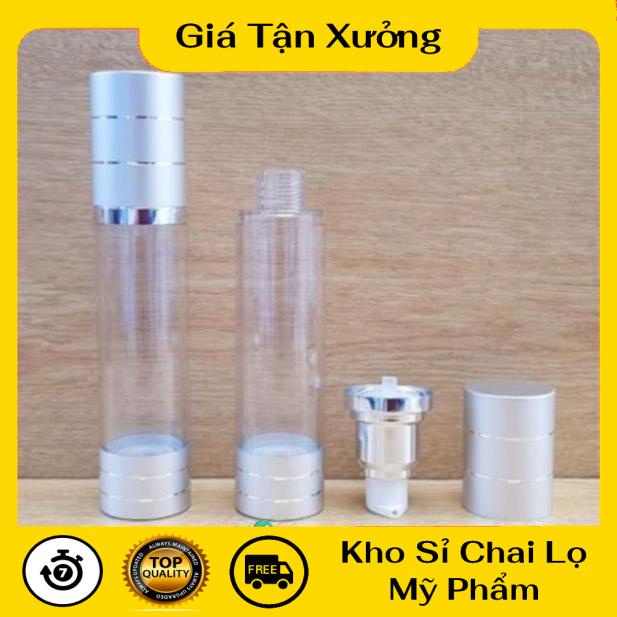 Chai Chiết Mĩ Phẩm ❤ TRÙM SỈ ❤ Chai hút chân không trong suốt Nắp Bạc 50ml , chai xịt giọt chiết kem , phụ kiện du lịch