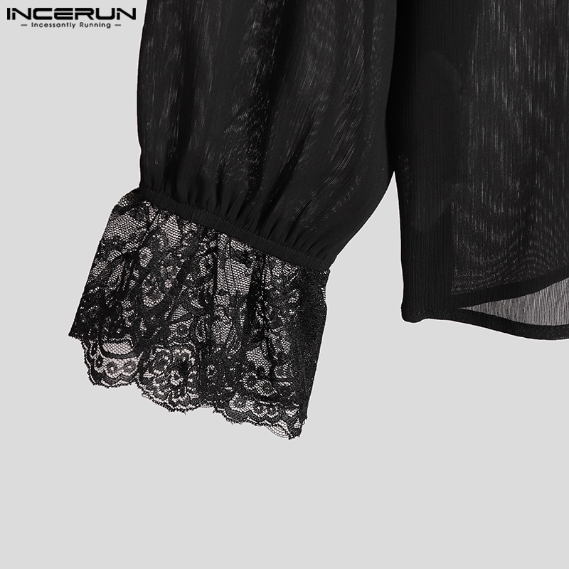 Áo sơ mi INCERUN tay loe phối ren lưới xuyên thấu cài nút sành điệu cho nam