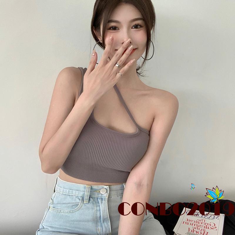 Áo croptop không tay hở vai dáng ôm màu trơn gợi cảm thời trang cho nữ