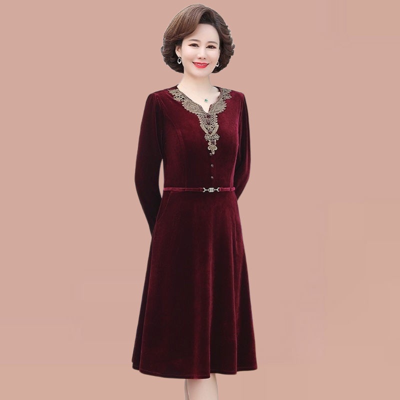 Váy Nhung Đỏ Nữ Đầm Nhung Dài Qua Gối Tay Dài Phong Cách Mới Xuân Thu Cho Phụ Nữ Trung Niên
