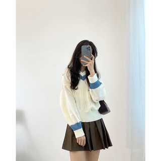 Áo len cổ tim xanh ngắn miho.house