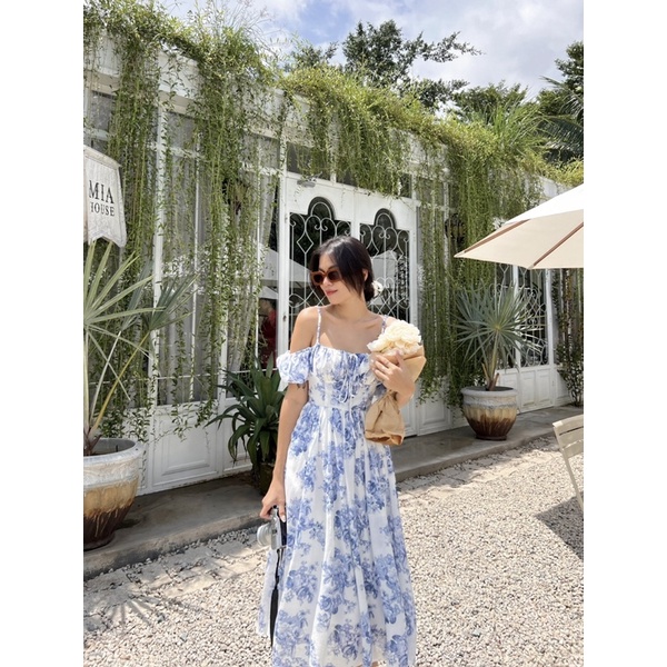 Beachclub-đầm midi nhún ngực tay phồng