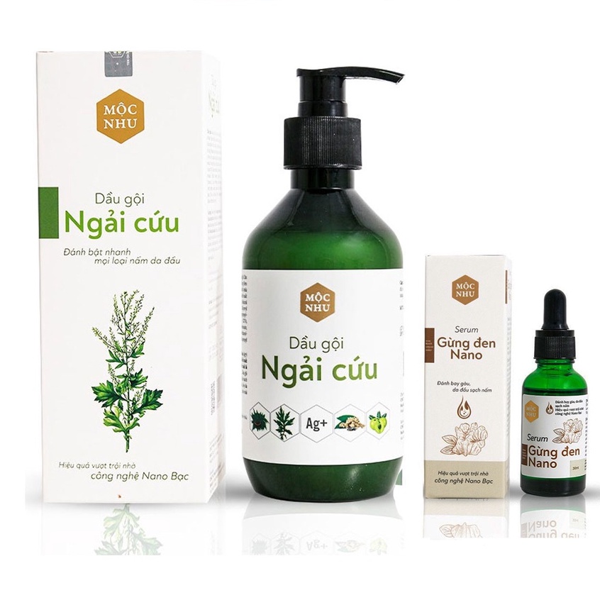 Combo Dầu Gội Ngải Cứu 300ml + Serum Gừng Đen Nano Mộc Nhu 30ml CHO TÓC GÀU NẤM