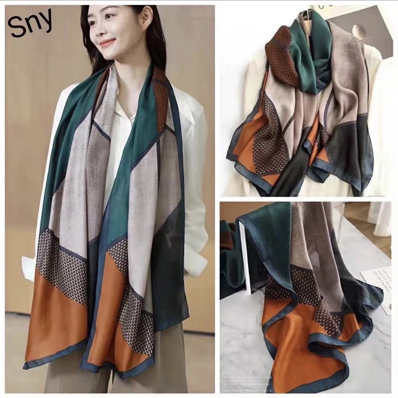 Khăn Lụa Dài Cao Cấp Hoạ Tiết Hình Học Màu Nhã Cực Sang