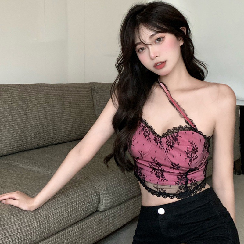 Áo croptop nữ không tay có dây chéo vai phối ren thời trang