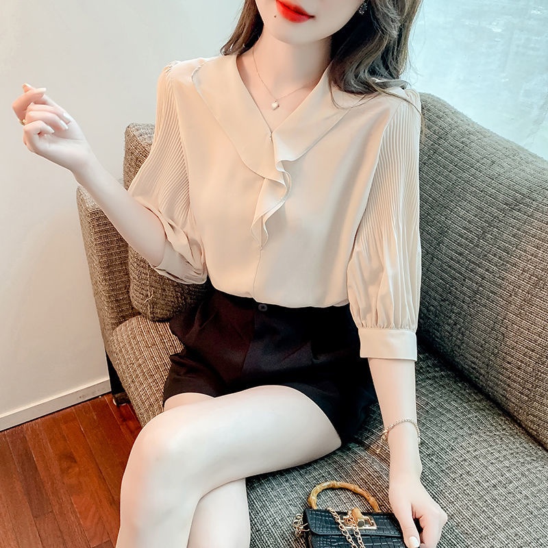 Áo Sơ Mi chiffon Tay Ngắn Cổ Chữ v Thời Trang Mùa Hè Dành Cho Nữ
