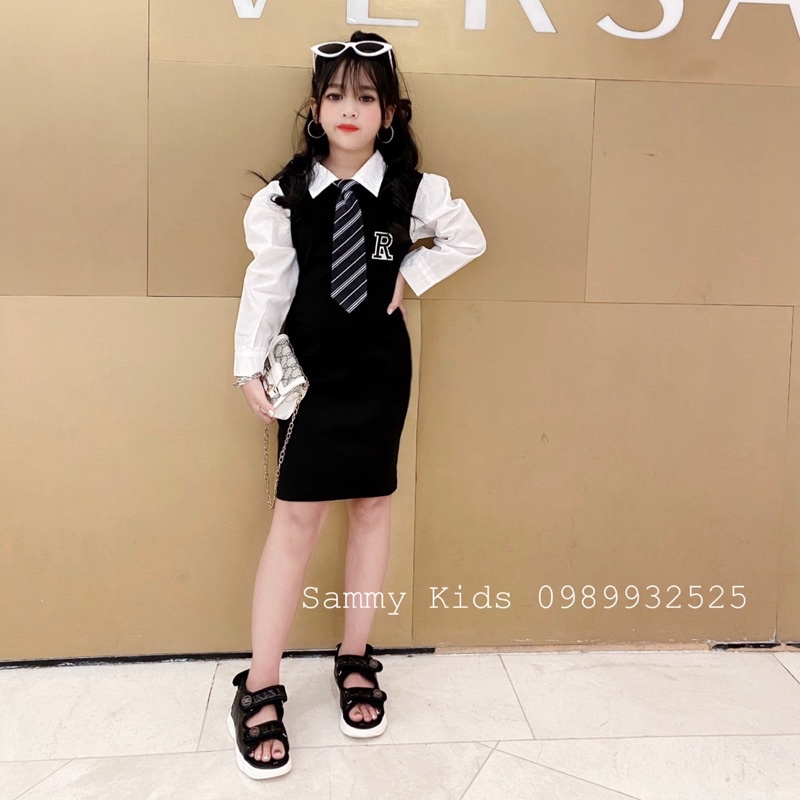 Váy Body phối tay Sơ mi kèm Calavat Hàn Quốc cho bé gái size đại 16-40kg