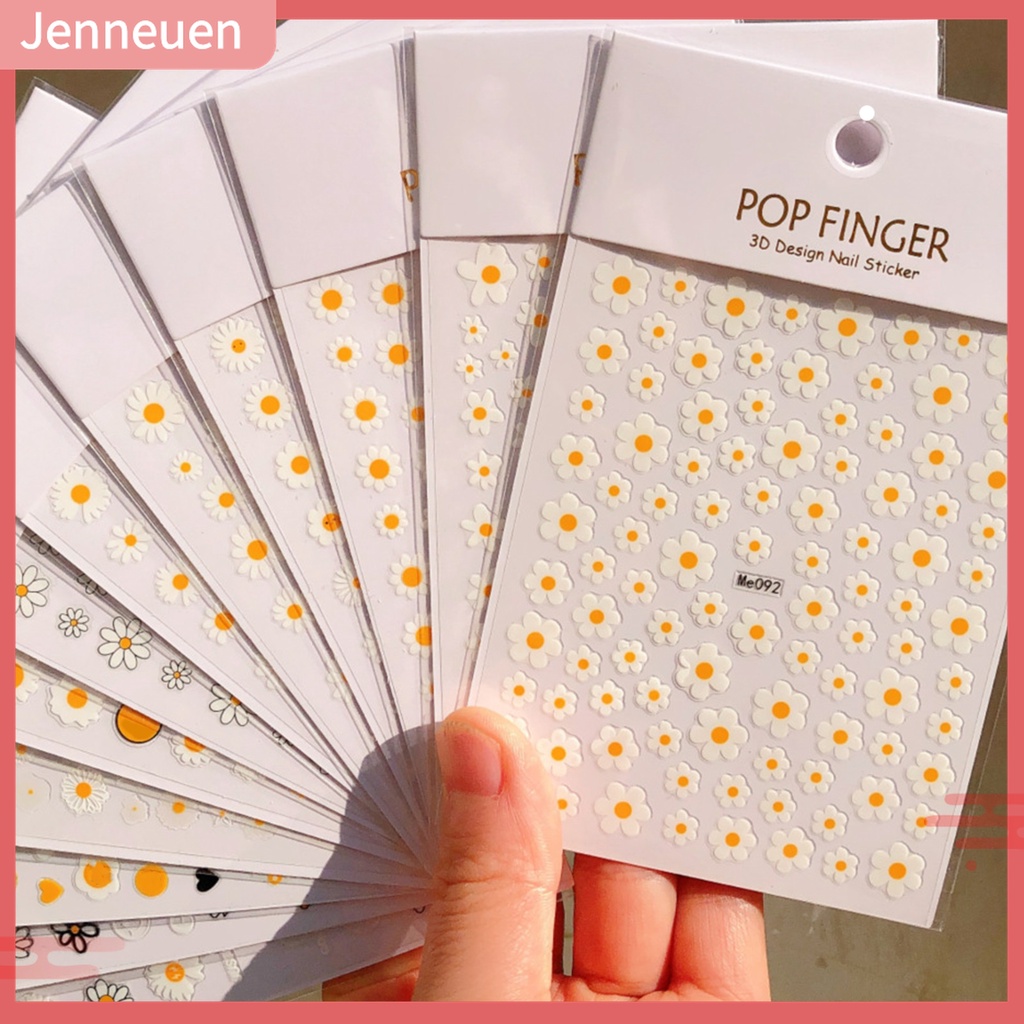 Miếng Dán Móng Tay Tự Dính Hình Hoa Hướng Dương 3D Màu Trắng Vàng Sống Động Cho Nữ