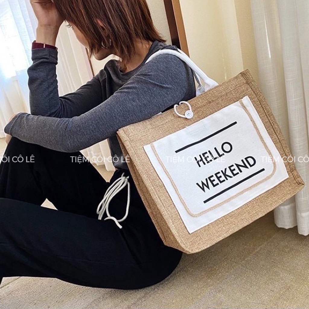 Túi cói đi biển Hello Weekend kiểu dáng basic trẻ trung, dễ dùng - Tiệm Cói Cô Lê