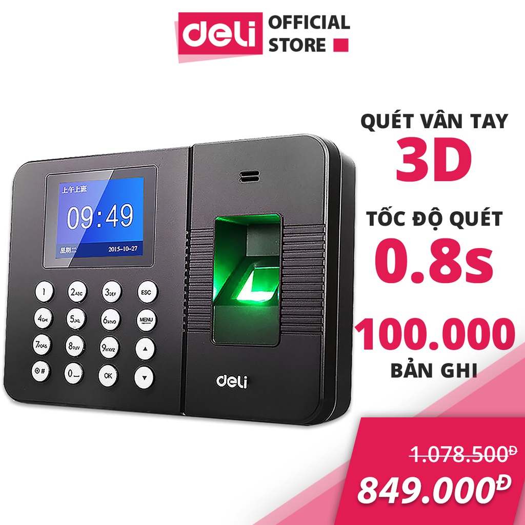 Máy Chấm Công Quét Vân Tay Deli Chính Hãng Mẫu Mới - Màn Hình 2.4 Inch, Cổng Kết Nối USB - Nhiều Ngôn Ngữ - E3960