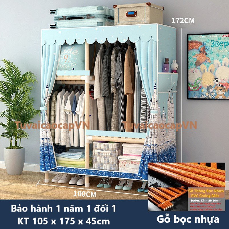 Tủ vải khung gỗ 2 buồng Cực Tiện Lợi có bảo hành để quần áo