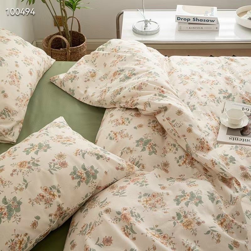Bộ vỏ chăn ga gối Cotton Living  cao cấp - hoa nhí trắng ga xanh lá