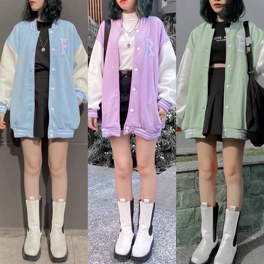 Áo Bomber nỉ CHỮ R Ulzzang form rộng Unisex áo khoác nỉ bông Guvia