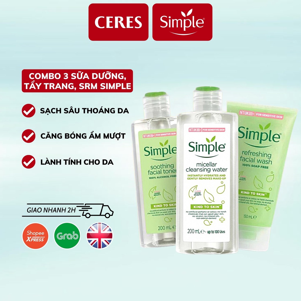 Combo 3 Simple ( Sữa Rửa Mặt Simple + Nước Tẩy Trang Simple + Toner Nước Hoa Hồng Simple ) Dưỡng Ẩm Làm Sạch Cho Da