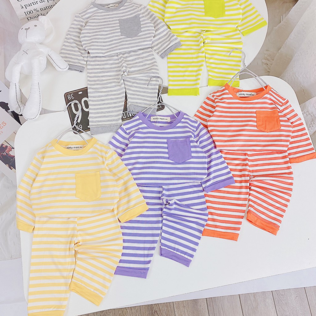 [SALE] Bộ Dài Tay Cho Bé Trai, Bé Gái Minky Mom Vải Thun Lạnh Hoạ Tiết Sọc Ngang Túi Ngực,Đồ Bộ Cho Bé Mặc Nhà MKMTD2135