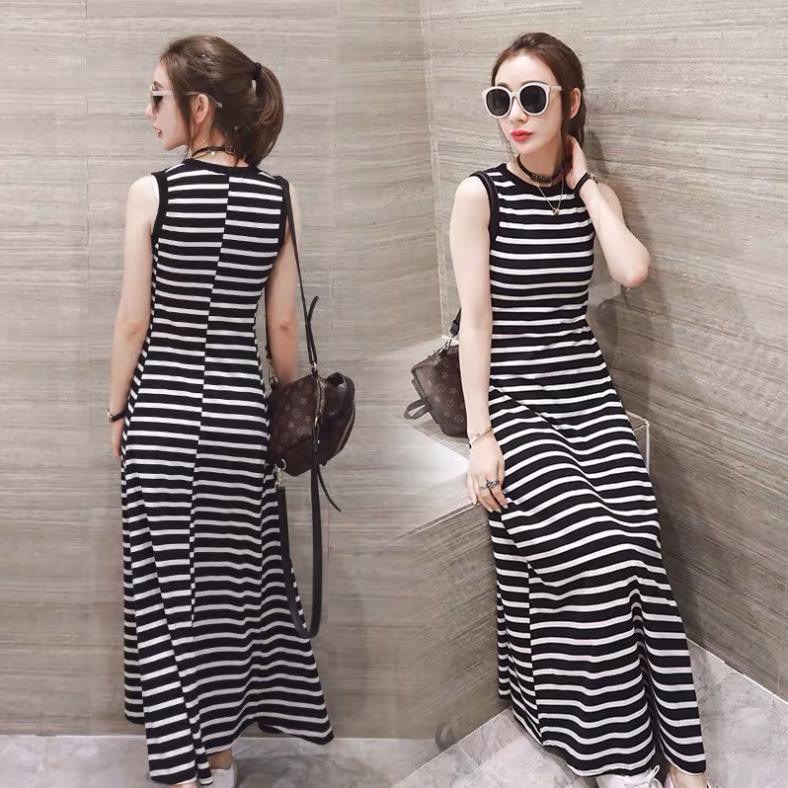 [TRỢ GIÁ[ Đầm Maxi Thun Sọc Viền Bo, GIÁ SỈ RẺ NHẤT