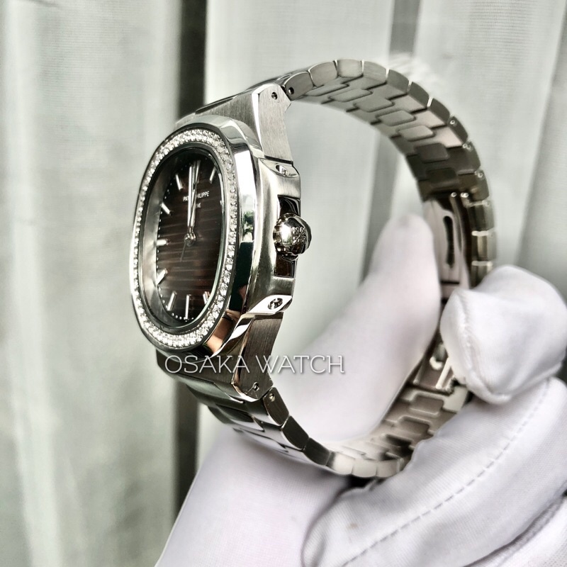 Đồng Hồ Nam Cơ Automatic PP GENEVA Nautilus PT8168KL Viền Kim Cương Dây Kim Loại Lịch Ngày Hàng Chuẩn Cao Cấp - Màu Nâu
