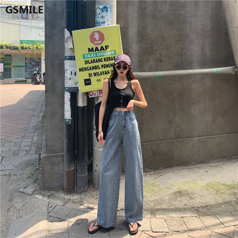 Quần jeans nữ ống rộng kiểu dáng đơn giản phong cách Hàn Quốc | BigBuy360 - bigbuy360.vn