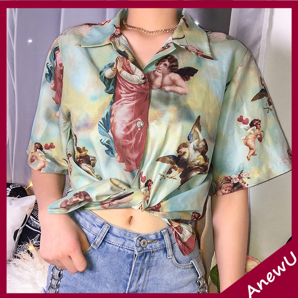 Áo sơ mi tay ngắn hoạ tiết thiên thần phong cách vintage