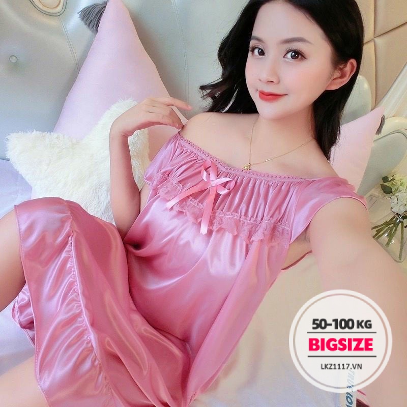 Váy ngủ nữ，Đầm ngủ yếm hai dây Bigsize đồ ngủ nữ pyjama mặc nhà lụa satin hở vai tay ngắn dáng suông mùa hè cho người mập béo nữ