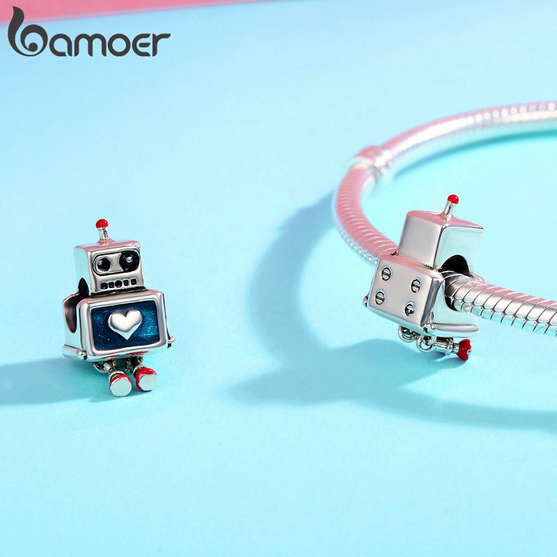 Hạt cườm Bamoer SCC346 bằng bạc 925 hình robot trái tim xinh xắn làm trang sức cho nữ
