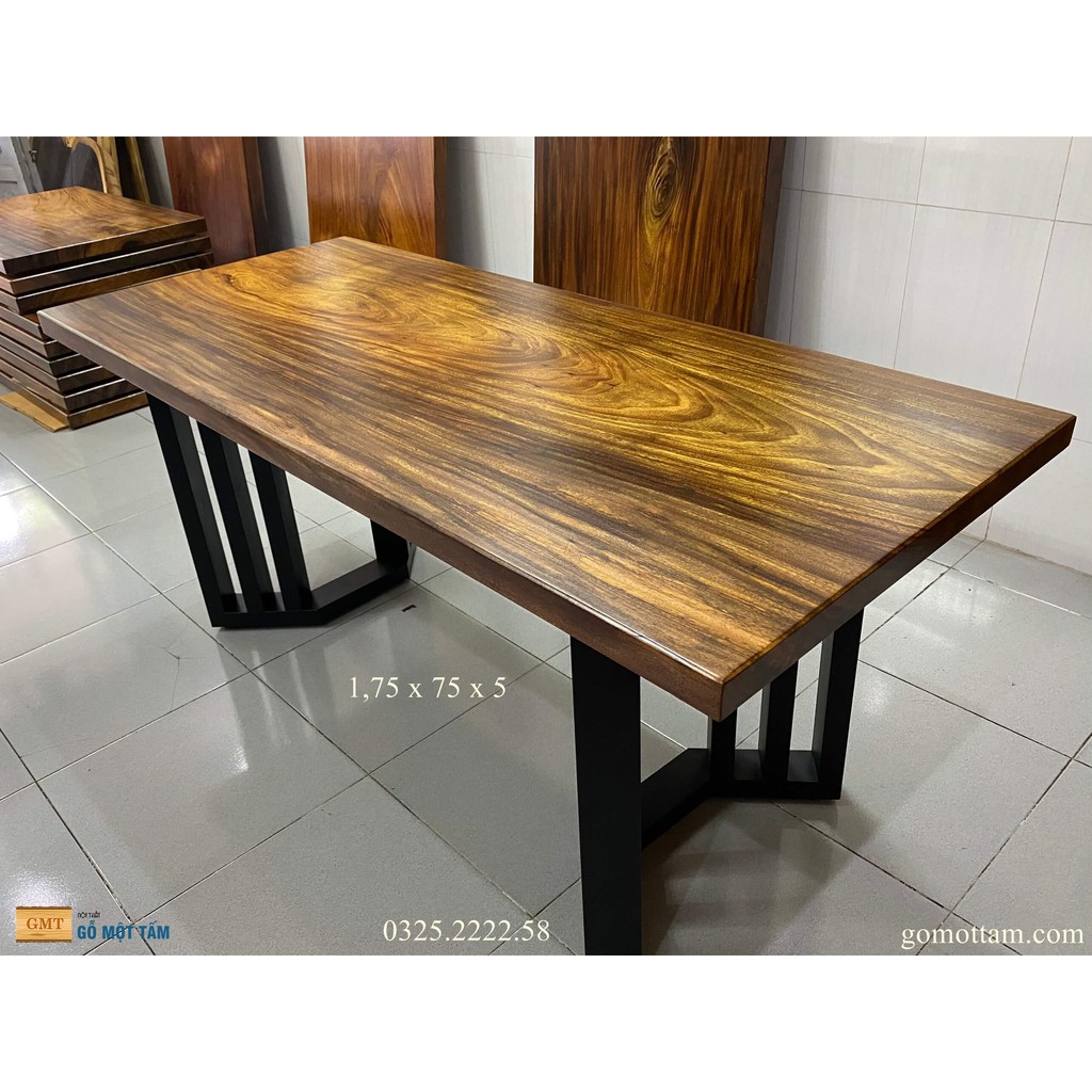 Bàn gỗ me tây nguyên tấm cho 6 ghế dài 1,75m x rộng 75cm x dầy 5cm