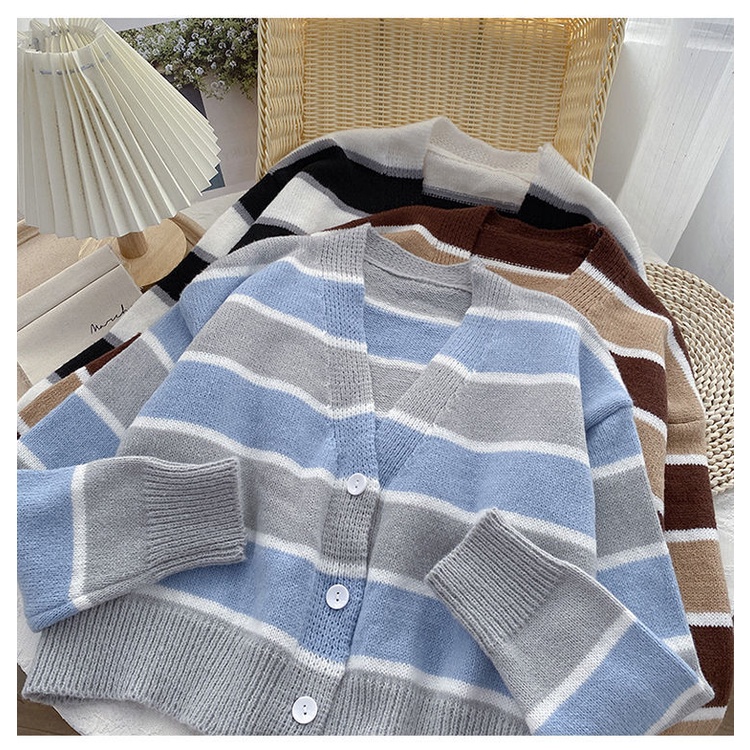 Áo Sweater Dệt Kim Mỏng Dáng Rộng Tay Dài Kẻ Sọc Màu Sắc Tương Phản Thời Trang Mùa Thu Cho Nữ