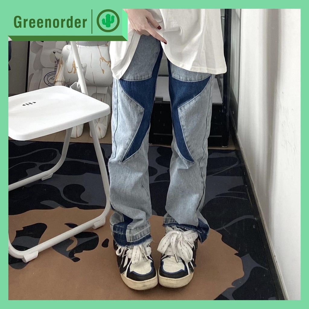 Quần jean ống rộng unisex họa tiết thêu sao cao cấp phong cách đường phố