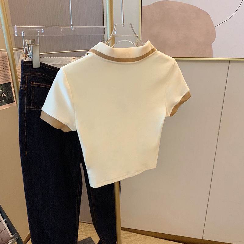 Pure desire for hot girls high waist slim short style design sense Polo collar short sleeved t-shirt women's summer 2022 new T-shirt blouse