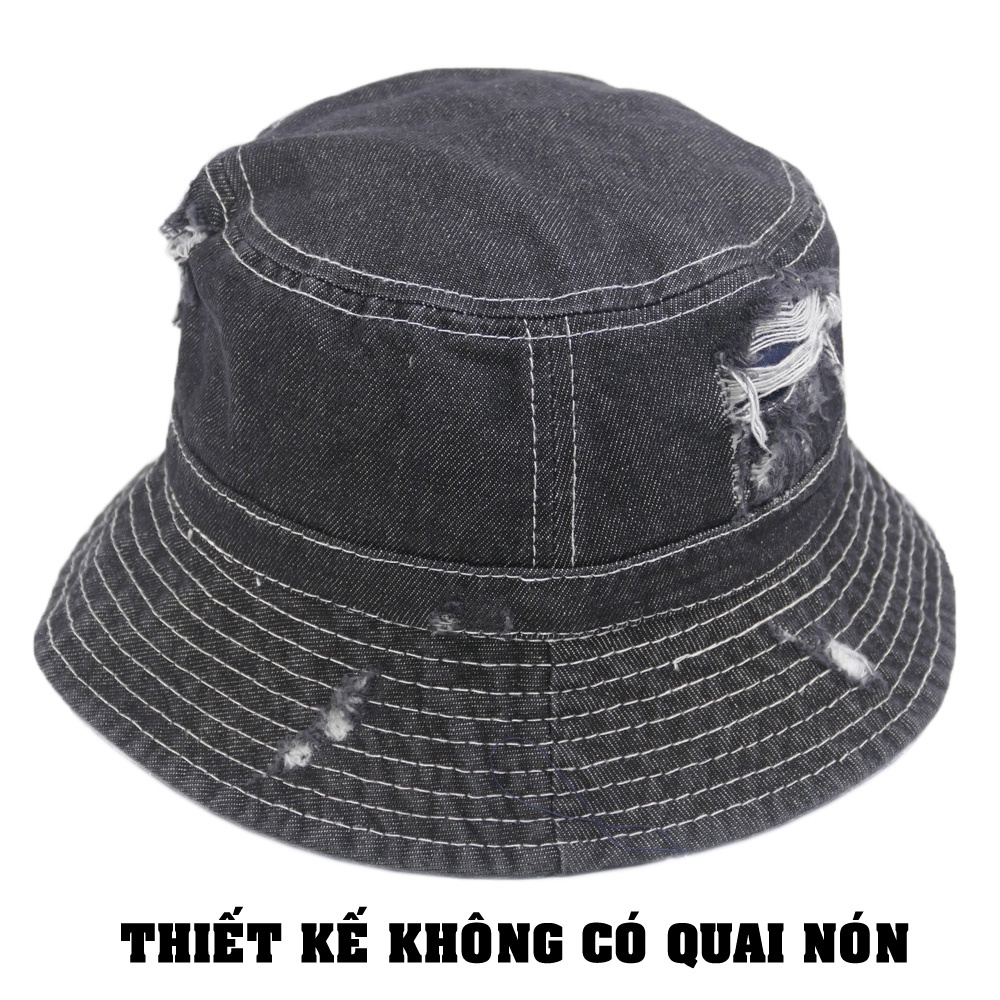 Nón bucket jean rách bụi cá tính không thêu, không có quai nón