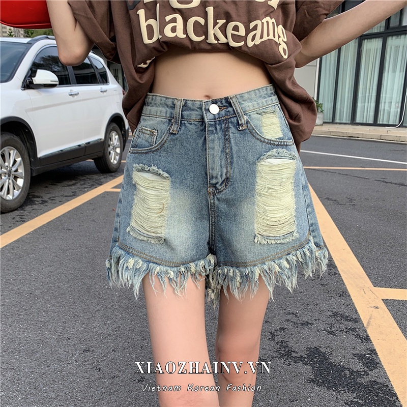 Quần short denim Xiaozhainv lưng cao ống rộng phối rách thời trang mùa hè cho nữ