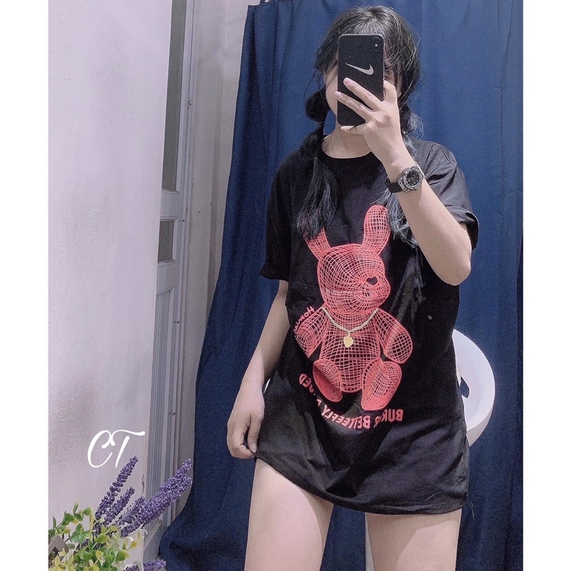 Áo Thun Nữ Form Rộng Giấu Quần In Hình Gấu Chất Mát Không Xù