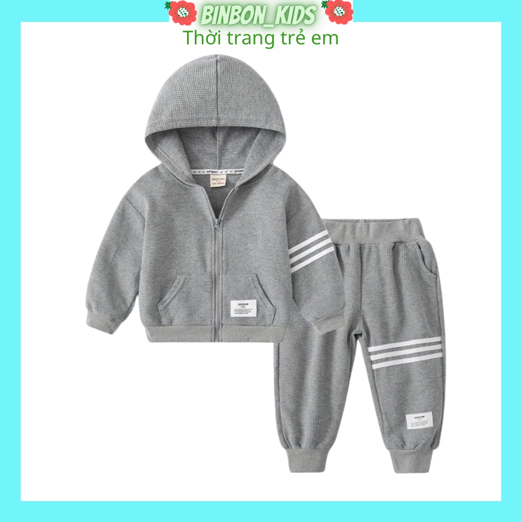 Bộ Nỉ Dài Tay Cho Bé, Bộ thu đông cho bé trai 3 Vạch Chất Thun Tổ Ong Có Mũ Cực Xinh Cho Bé từ 7-28kg