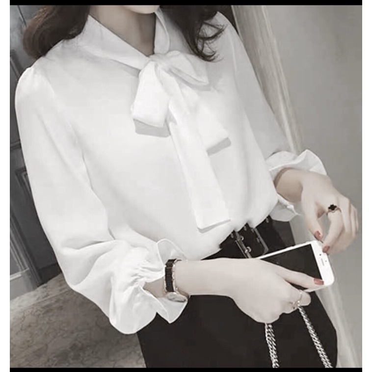 Áo sơ mi trắng cổ nơ🎀🎀 ống tay chun dài tay chất mặc cực mát mẻ trong ngày hè kiểu dáng trẻ trung năng động dễ thương