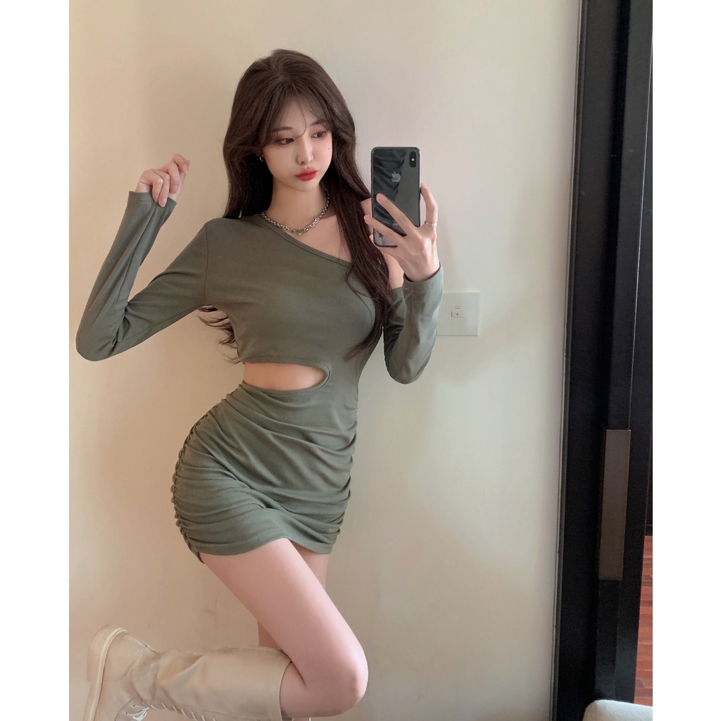 DUNEA Đầm Dài Tay Lệch Vai Màu Sắc Trơn Thời Trang Dành Cho Nữ