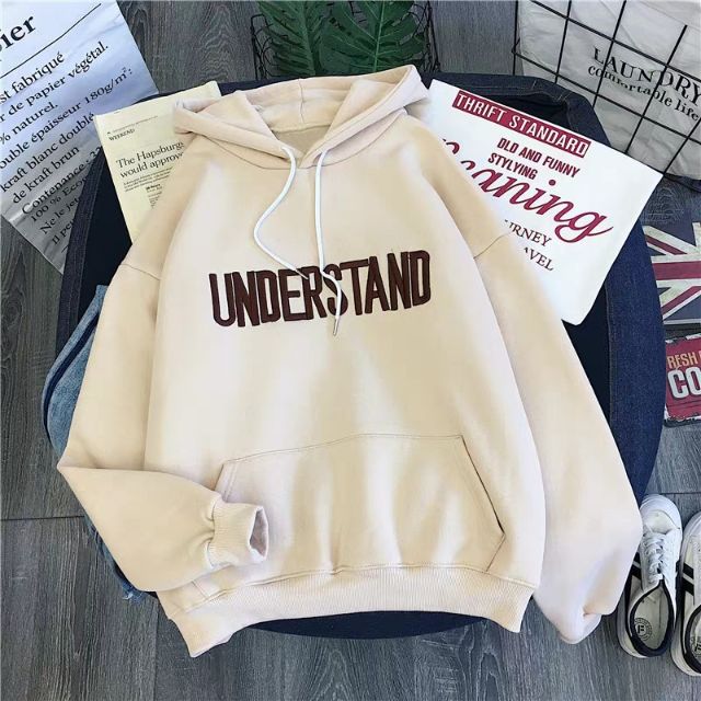 Áo hoddie nữ phối chữ understand ( sẵn đen, xanh size xl < 57kg)