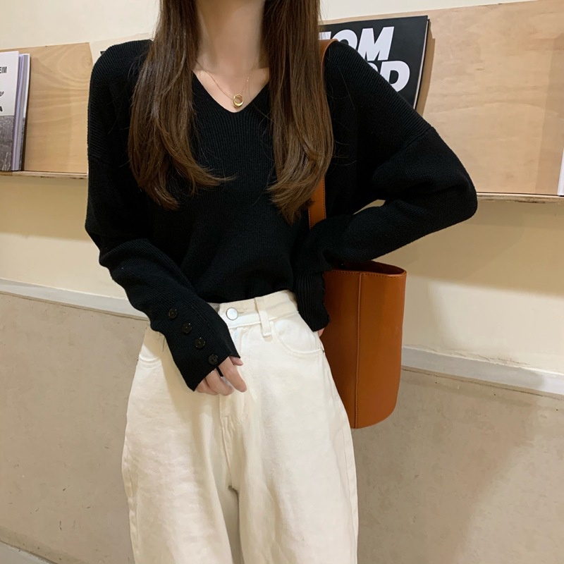 Áo sweater Ielgy tay dài cổ chữ v dáng rộng thời trang cho nữ