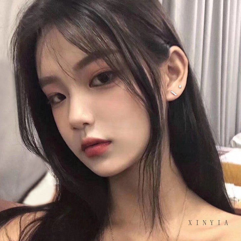 Khuyên Tai Thép Không Gỉ 3 Ngạnh Đính Đá Zircon Mini Đơn Giản Thời Trang