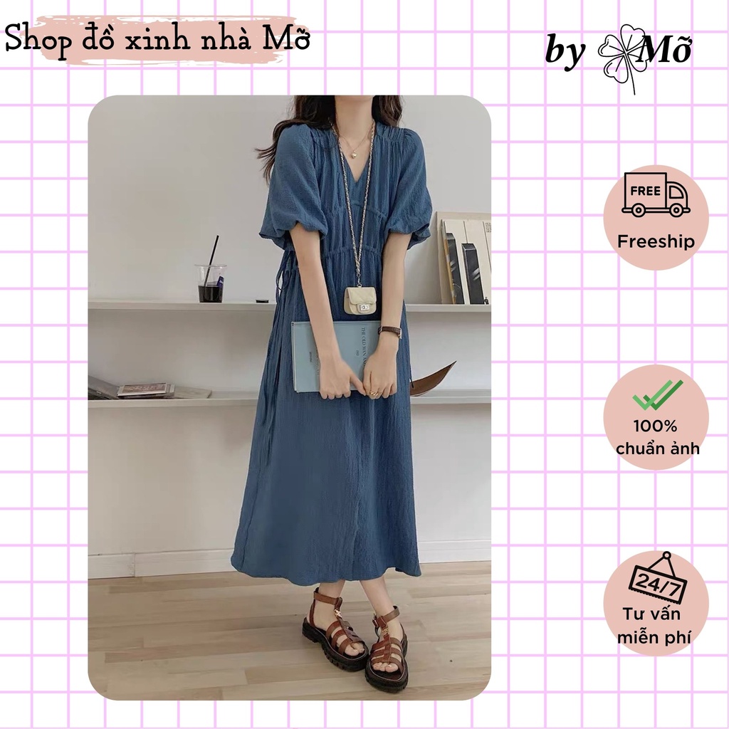(Sẵn) Váy xanh maxi chất đũi 2 màu xanh mát, thiết kế rút eo trẻ trung hàn quốc ( hàng chuẩn ảnh )