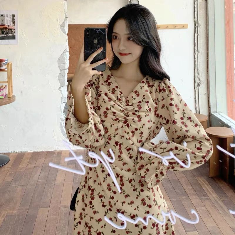 Đầm midi dáng ôm in hoa phong cách Hàn Quốc thời trang mùa thu cho nữ