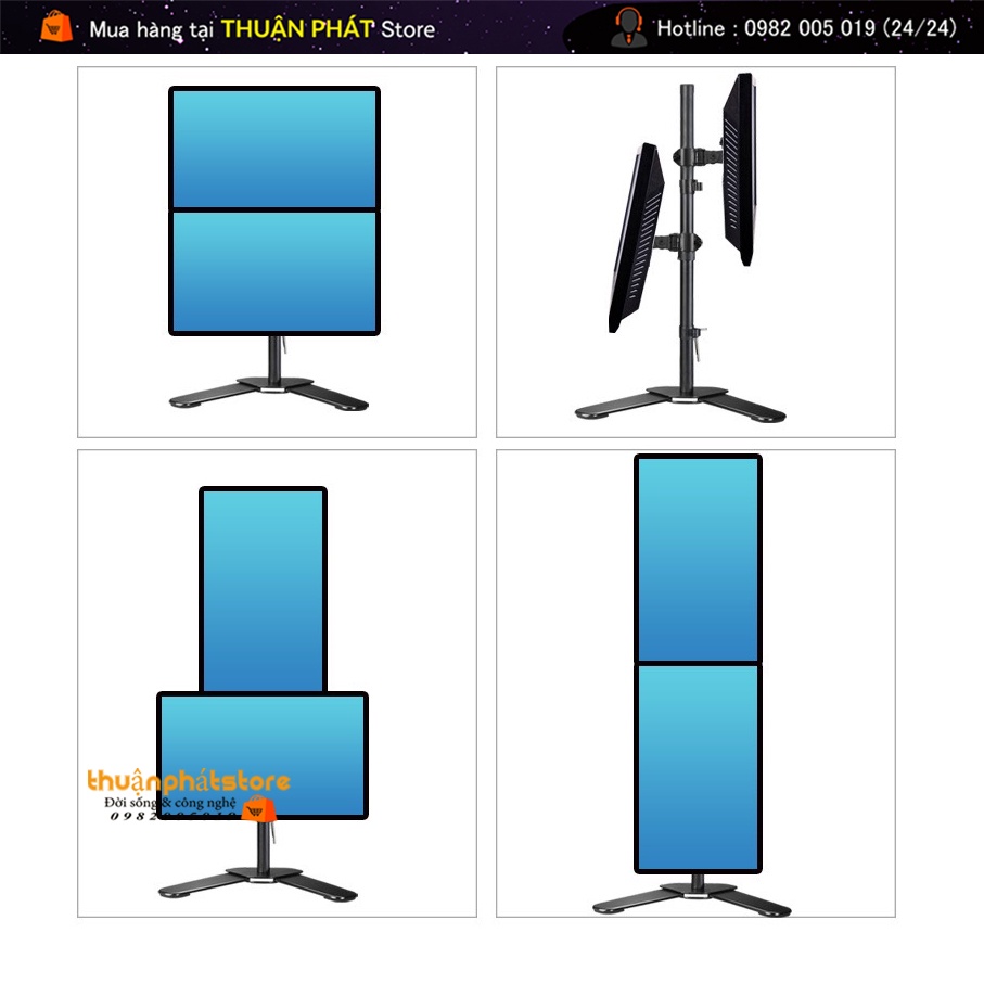 M073 | Giá Treo Màn Hình  - Giá Treo 2 Màn Hình 17-27 Inch Thiết Kế Chân Để Bàn - Xếp Màn Trên / Dưới - Xoay Màn 360