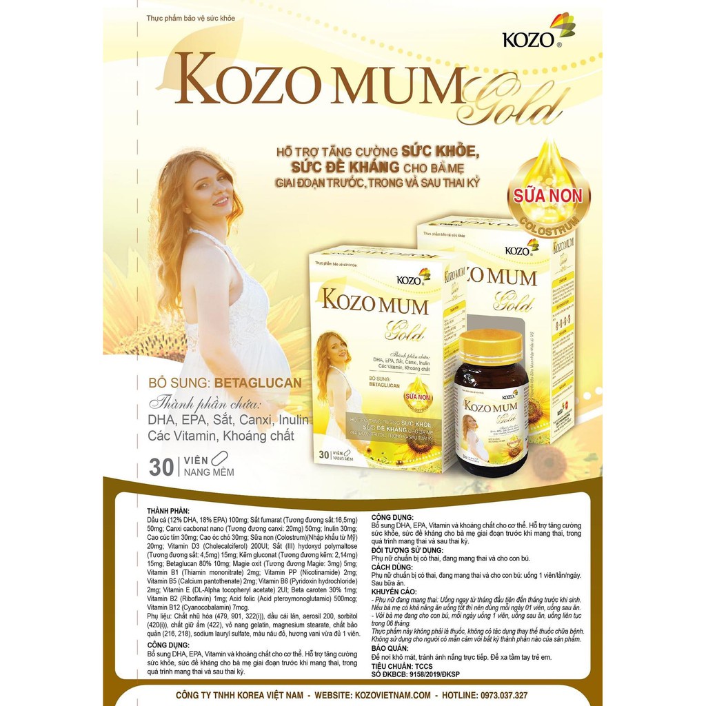 KOZO MUM GOLD Viên Sắt Tổng Hợp Bổ Sung BETAGLUCAN & SỮA NON Cho Bà Bầu