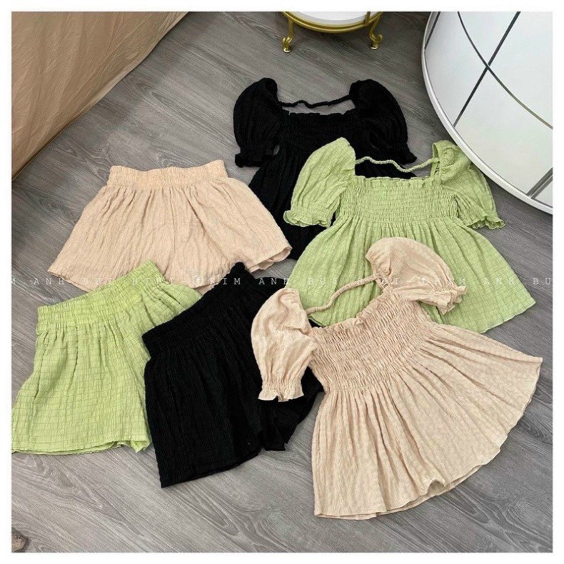Đồ bộ nữ set bộ đũi nhăn xốp bo chun ngưc mặc nhà thời trang