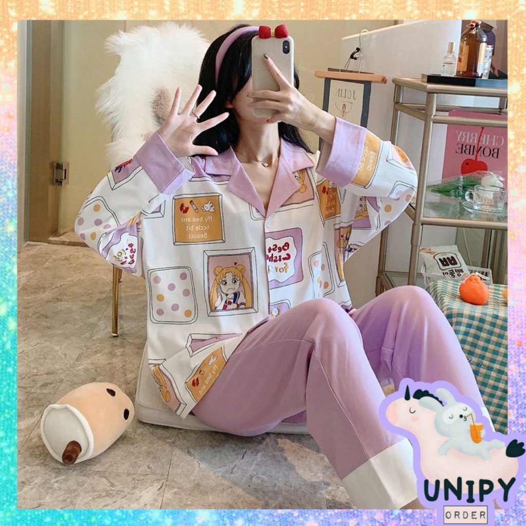 Set Đồ Ngủ Cotton Cao Cấp Tay Dài | Tím Pastel Hoạt Hình | Size XXL