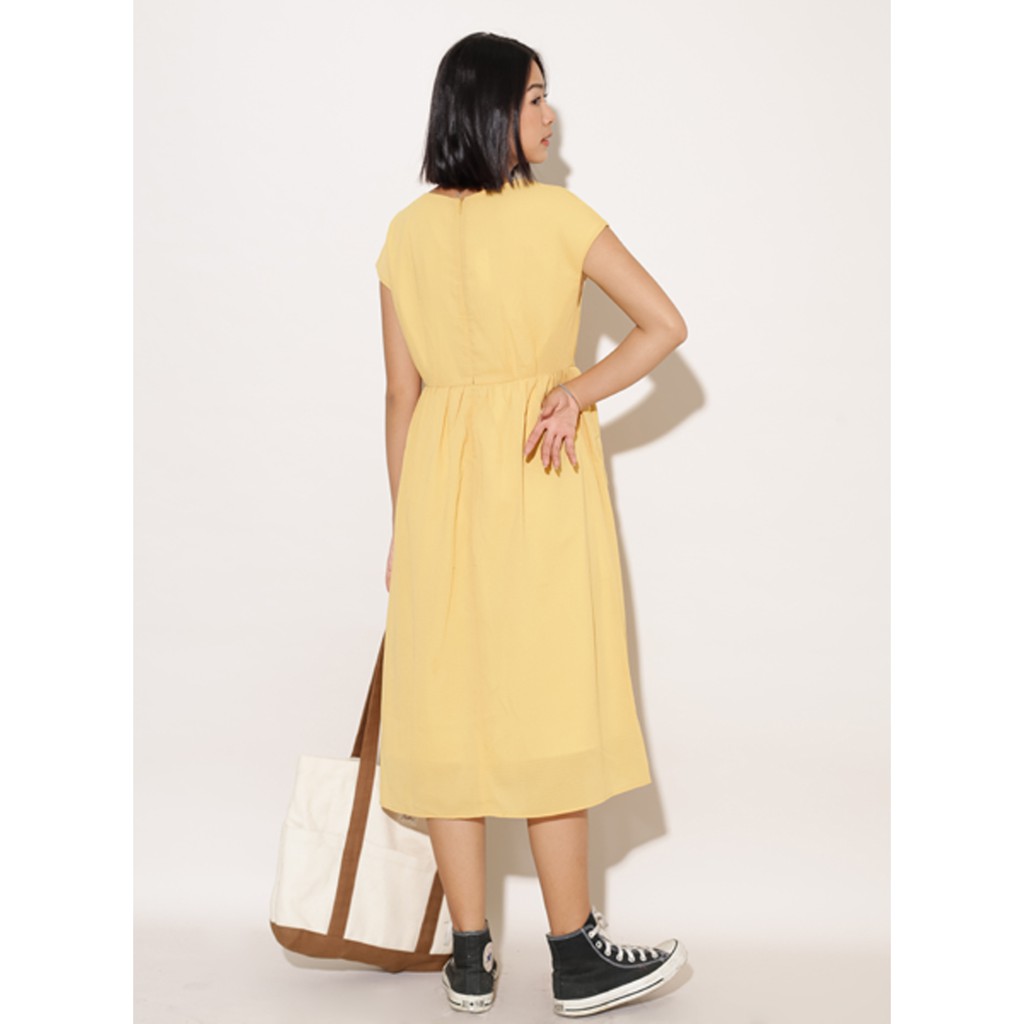 Đầm nữ dáng suông ngắn tay thời trang GAGO elastic waist double pocket dress màu vàng GG3250