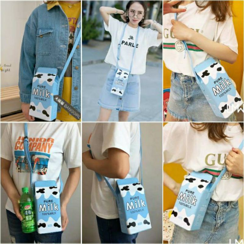 Túi đeo chéo nữ da PU hình hộp sữa bò béo cute ulzzang style màu xanh pastel
