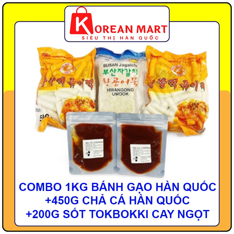COMBO BÁNH GẠO TOPOKKI HÀN QUỐC 1KG KÈM SỐT TOKBOKKI 200G + 1 CHẢ CÁ LIÊN DOANH 450G