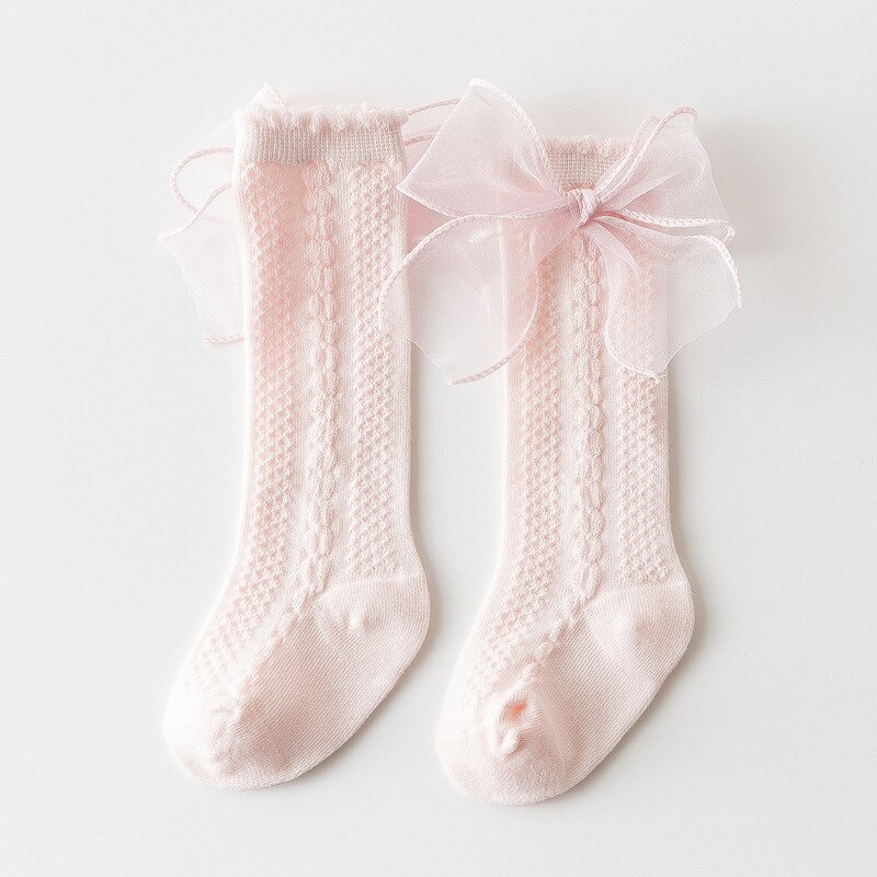 Vớ Cotton mềm cao qua gối đính nơ phối lưới thoáng khí phong cách Lolita xinh xắn cho bé
